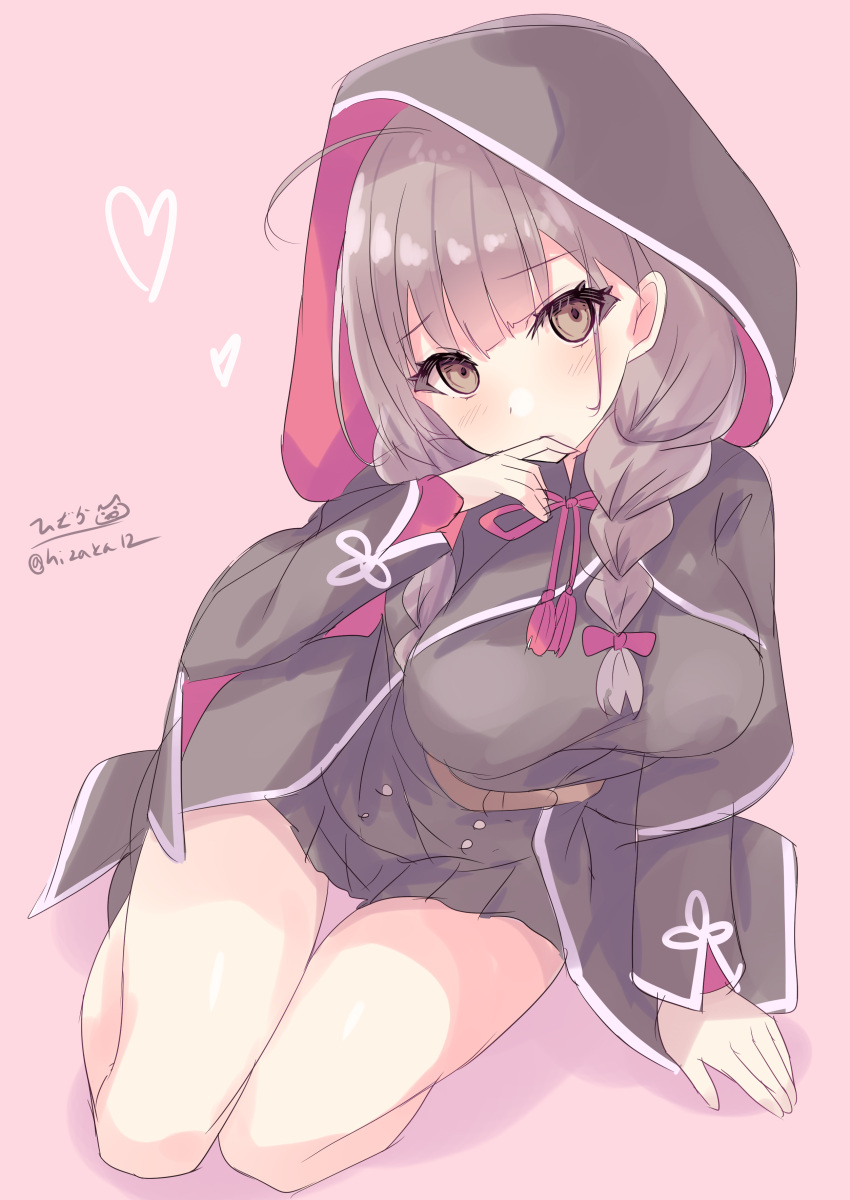 1girl absurdres belt black_capelet black_dress black_footwear boots braid breasts brown_belt brown_hair capelet dress heart highres hizaka hood hood_up hooded_capelet kantai_collection large_breasts long_hair long_sleeves looking_at_viewer pink_background pleated_dress red_ribbon ribbon shadow shinshuu_maru_(kancolle) signature sitting solo twin_braids twitter_username