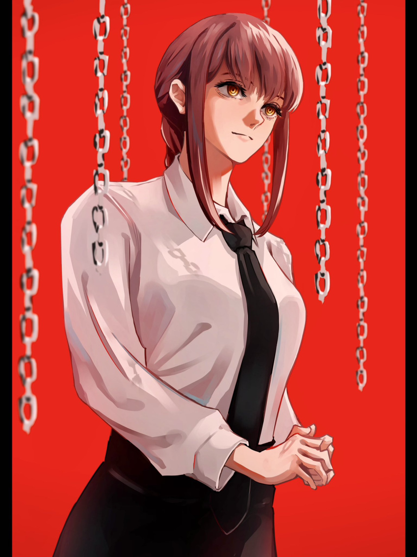 1girl ao_desu2222 bangs black_necktie black_pants braid braided_ponytail chain chainsaw_man collared_shirt highres looking_to_the_side makima_(chainsaw_man) medium_hair necktie own_hands_together pants red_background red_theme redhead ringed_eyes shirt shirt_tucked_in sidelocks simple_background solo white_shirt yellow_eyes