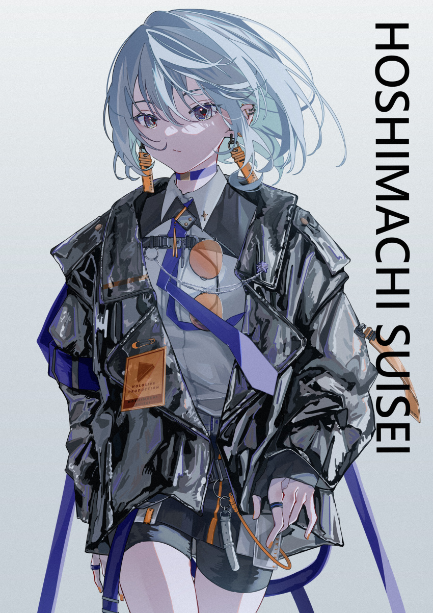 1girl absurdres alternate_hairstyle aviator_sunglasses black_jacket blue_choker blue_eyes blue_hair blue_necktie character_name choker collared_shirt cowboy_shot earrings expressionless eyewear_removed fingernails grey_background hair_between_eyes highres hololive hoshimachi_suisei jacket jewelry light_blue_hair mirai99 necktie open_clothes open_jacket orange_nails ring shirt short_hair short_shorts shorts simple_background solo standing star_(symbol) star_in_eye sunglasses symbol_in_eye techwear virtual_youtuber walking white_background white_shirt wind