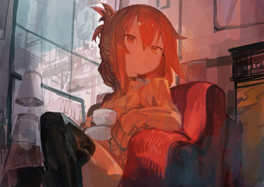1girl absurdres alternate_costume black_thighhighs brown_eyes brown_hair brown_sweater closed_mouth cup folded_ponytail hair_between_eyes highres holding holding_cup inazuma_(kancolle) kaamin_(mariarose753) kantai_collection long_hair long_sleeves solo sweater thigh-highs turtleneck turtleneck_sweater