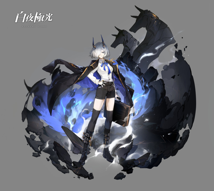 1girl alchemy_stars black_footwear black_jacket black_shorts black_thighhighs blue_necktie boots breasts briefcase closed_mouth collared_shirt copyright_name full_body grey_background grey_eyes grey_hair hand_on_hip highres holding holding_briefcase horns jackal jacket jacket_on_shoulders jane_(alchemy_stars) jewelry long_sleeves looking_at_viewer medium_breasts multiple_rings neck_ribbon necktie official_art ribbon ring shirt short_hair shorts simple_background smoke solo standing thigh-highs v-shaped_eyebrows viiiper white_shirt