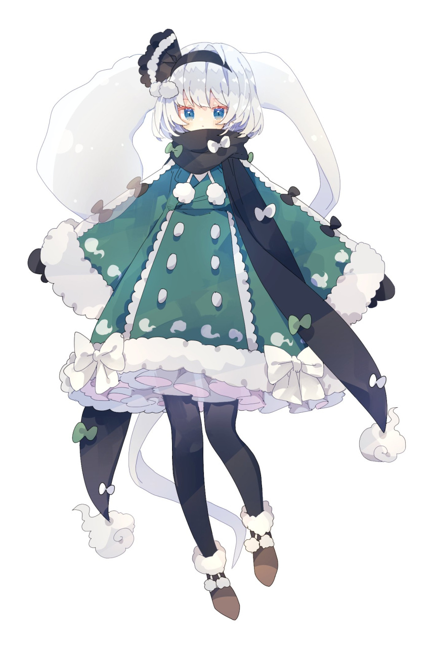 1girl black_hairband black_mittens black_pantyhose black_ribbon black_scarf blue_eyes blush boots brown_footwear closed_mouth coat full_body green_coat hair_ribbon hairband highres hitodama konpaku_youmu konpaku_youmu_(ghost) long_sleeves mittens nikorashi-ka pantyhose ribbon scarf short_hair solo touhou white_hair wide_sleeves