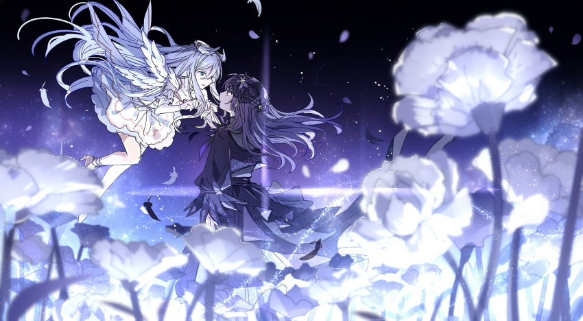 2girls asahina_mafuyu black_dress black_flower blue_eyes dress falling_feathers field floating flower flower_field head_wings highres kaesmedubu lily_(flower) multiple_girls project_sekai purple_hair star_(sky) white_dress white_footwear white_hair white_wings wings yoisaki_kanade yuri