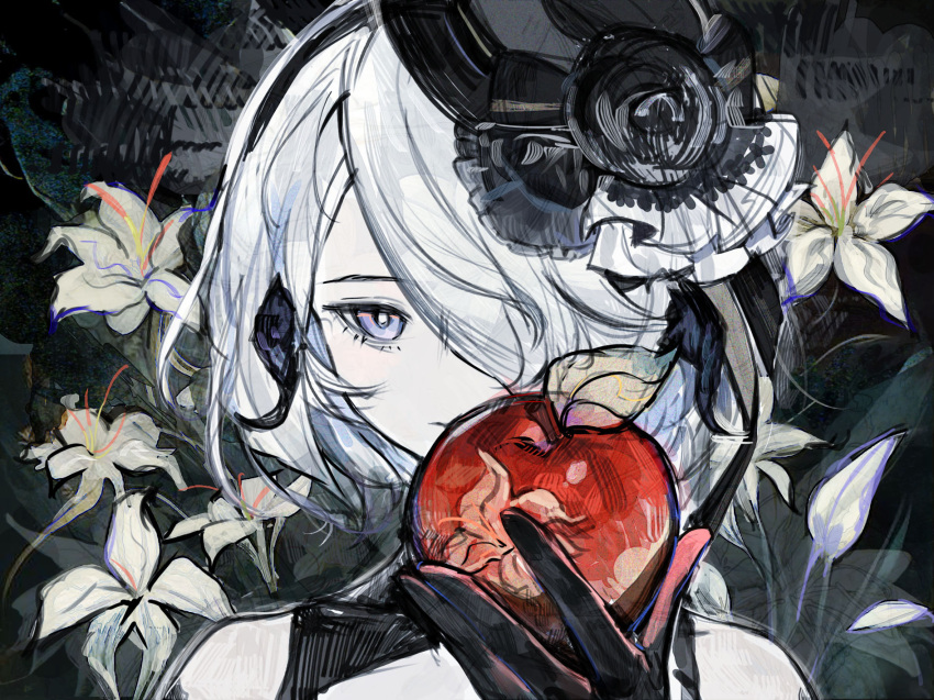 1girl apple black_gloves copyright_request flower food fruit gloves hair_ornament hair_over_one_eye hat highres holding holding_food holding_fruit looking_at_viewer one_eye_covered portrait red_apple rosette_(yankaixuan) solo violet_eyes