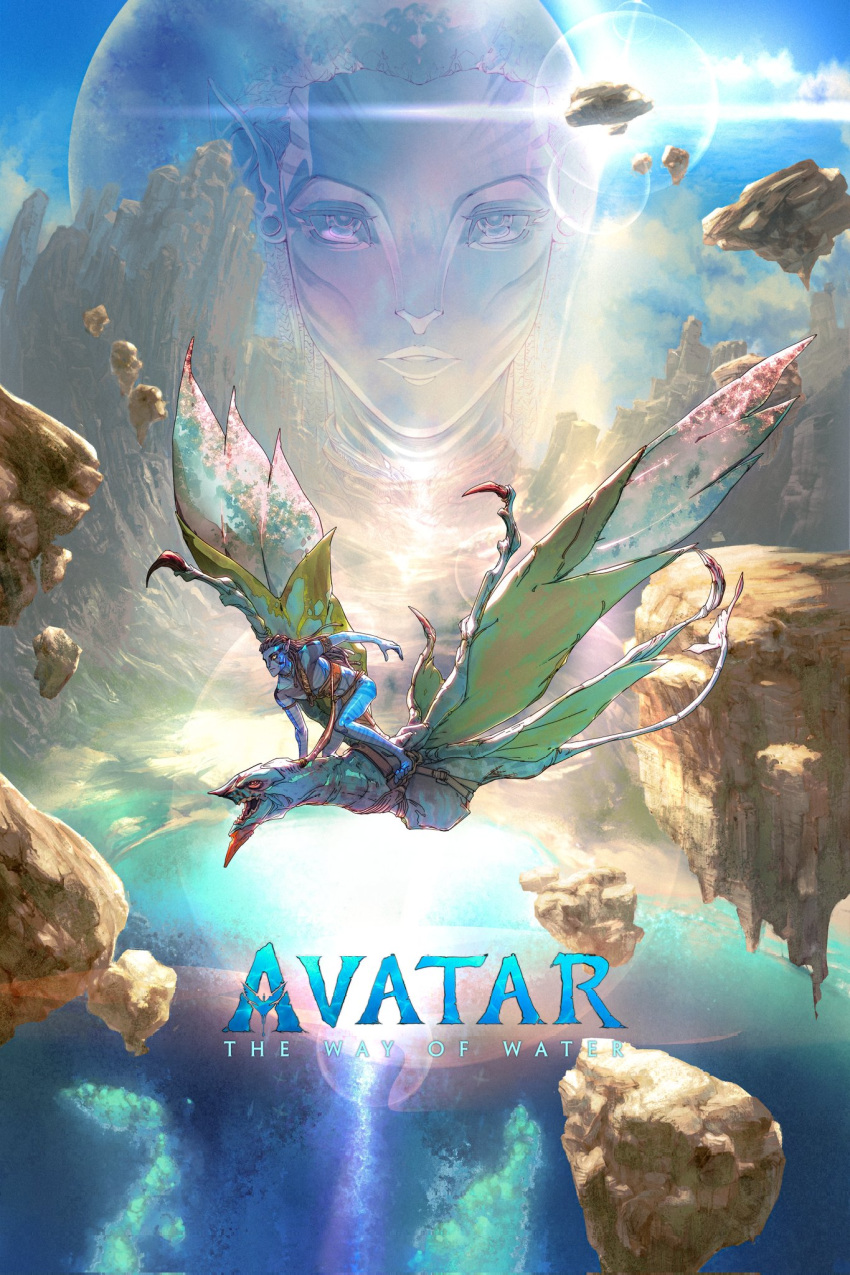 1boy alien avatar:_the_way_of_water avatar_(movie_series) blue_skin brown_hair character_request colored_skin copyright_name david_liu dragon_riding english_commentary floating_rock flying highres jake_sully lens_flare na'vi official_art second-party_source solo_focus