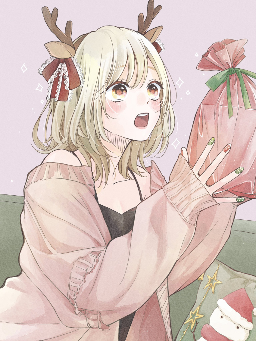 1girl animal_ears bag bangs black_camisole blonde_hair blush brown_eyes camisole christmas collarbone commentary deer_antlers deer_ears fake_animal_ears fake_antlers fingernails frilled_ribbon frills furusato_kou gift green_nails green_ribbon highres holding holding_gift lace-trimmed_ribbon lace_trim long_sleeves looking_at_object medium_hair multicolored_nails nail_polish off-shoulder_sweater off_shoulder open_mouth original pillow pink_sweater print_pillow red_nails red_ribbon ribbon santa_claus sleeves_past_wrists solo spaghetti_strap star_(symbol) sweater symbol-only_commentary tan_background teeth upper_teeth yellow_eyes