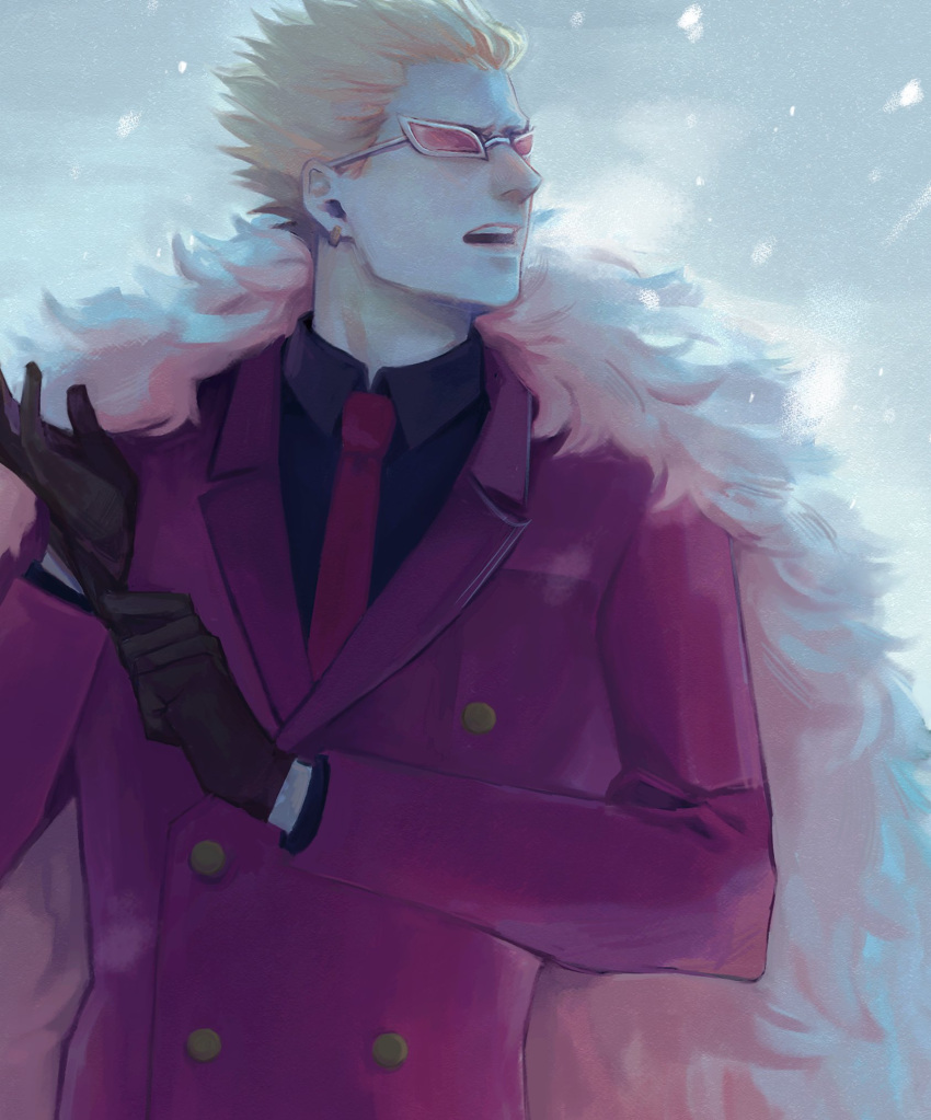 1boy black_shirt blonde_hair brown_gloves business_suit coat donquixote_doflamingo earrings feather_coat formal gloves highres inu7efd jewelry long_sleeves male_focus necktie one_piece pink_coat red_necktie red_suit shirt short_hair snowflakes solo spiky_hair suit sunglasses upper_body