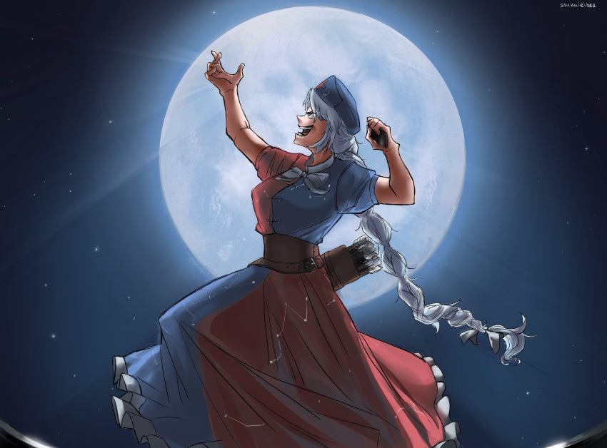1girl absurdres arrow_(projectile) blue_dress blue_headwear constellation_print despicable_me dress english_commentary frilled_dress frills from_side full_moon grey_eyes grey_hair hat highres long_hair moon nurse_cap open_mouth parody quiver red_dress short_sleeves signature solo sparkle71059204 standing touhou trigram two-tone_dress very_long_hair