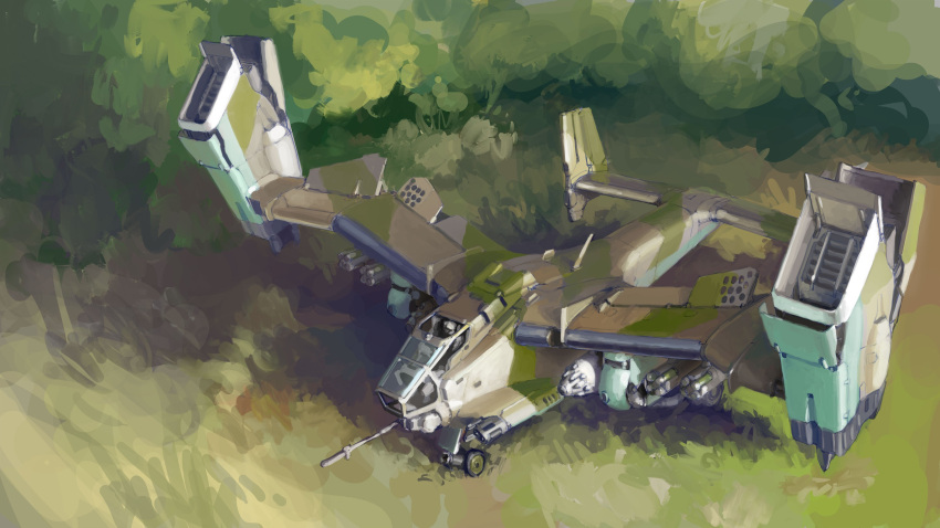 absurdres aircraft canopy_(aircraft) english_commentary from_above grass highres mike_doscher military military_vehicle no_humans original solo thrusters tree vehicle_focus vtol