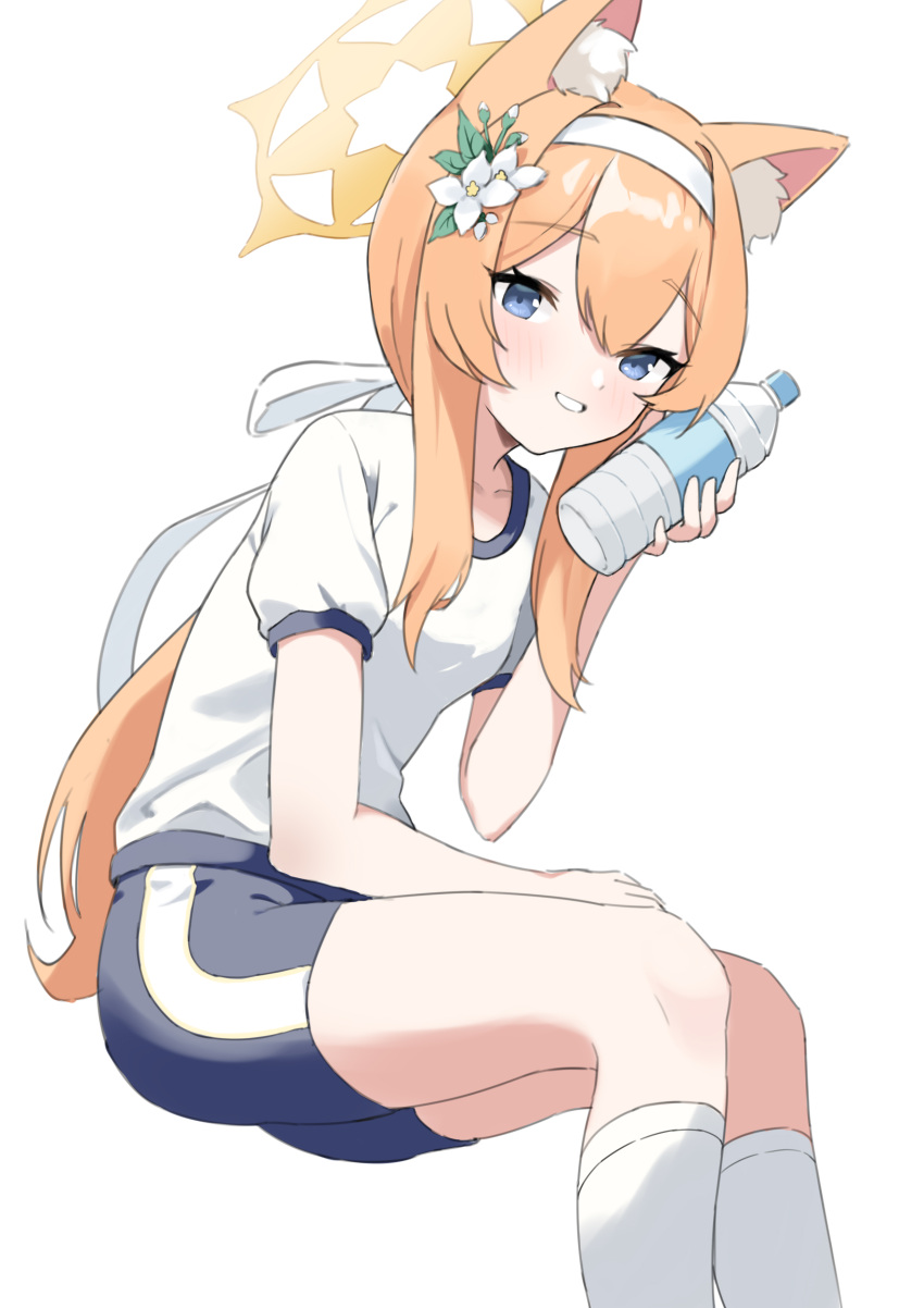1girl absurdres animal_ear_fluff animal_ears blue_archive blue_eyes blue_shorts bottle feet_out_of_frame flower grin gym_uniform hair_flower hair_ornament hair_ribbon hairband halo haruumi301 highres holding holding_bottle invisible_chair kneehighs long_hair looking_at_viewer mari_(blue_archive) mari_(gym_uniform)_(blue_archive) orange_hair ponytail ribbon shirt short_sleeves shorts simple_background sitting smile socks solo sportswear water_bottle white_background white_hairband white_ribbon white_shirt white_socks