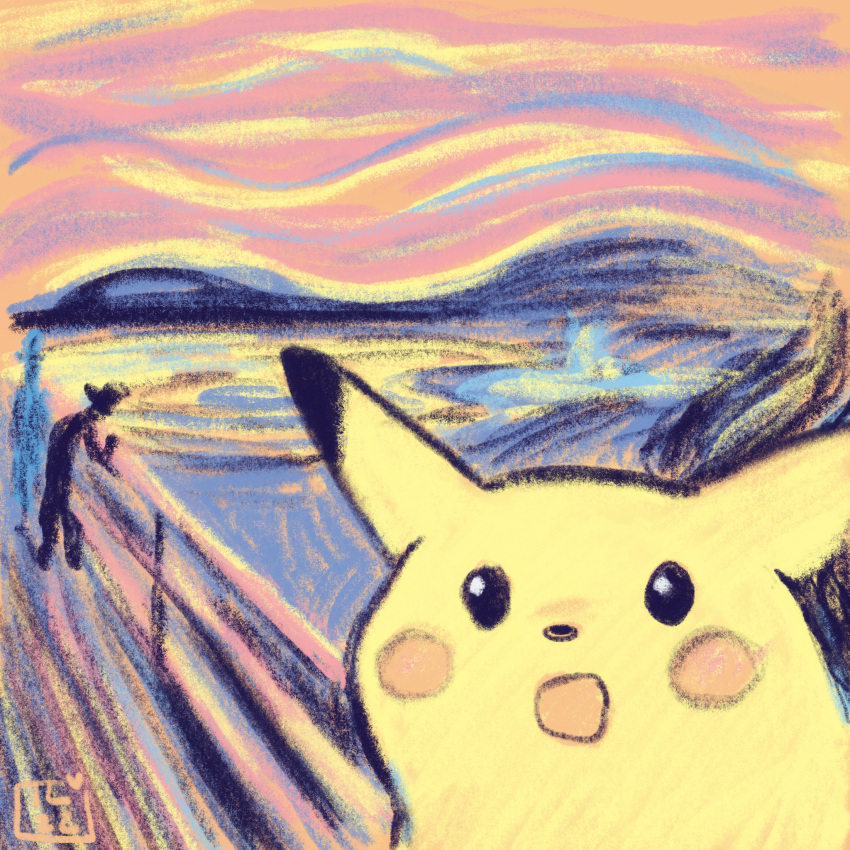 2others abstract_background bridge english_commentary fine_art_parody highres iviedraws meme multiple_others open_mouth parody pikachu pokemon sunset surprised_pikachu_(meme) the_scream water