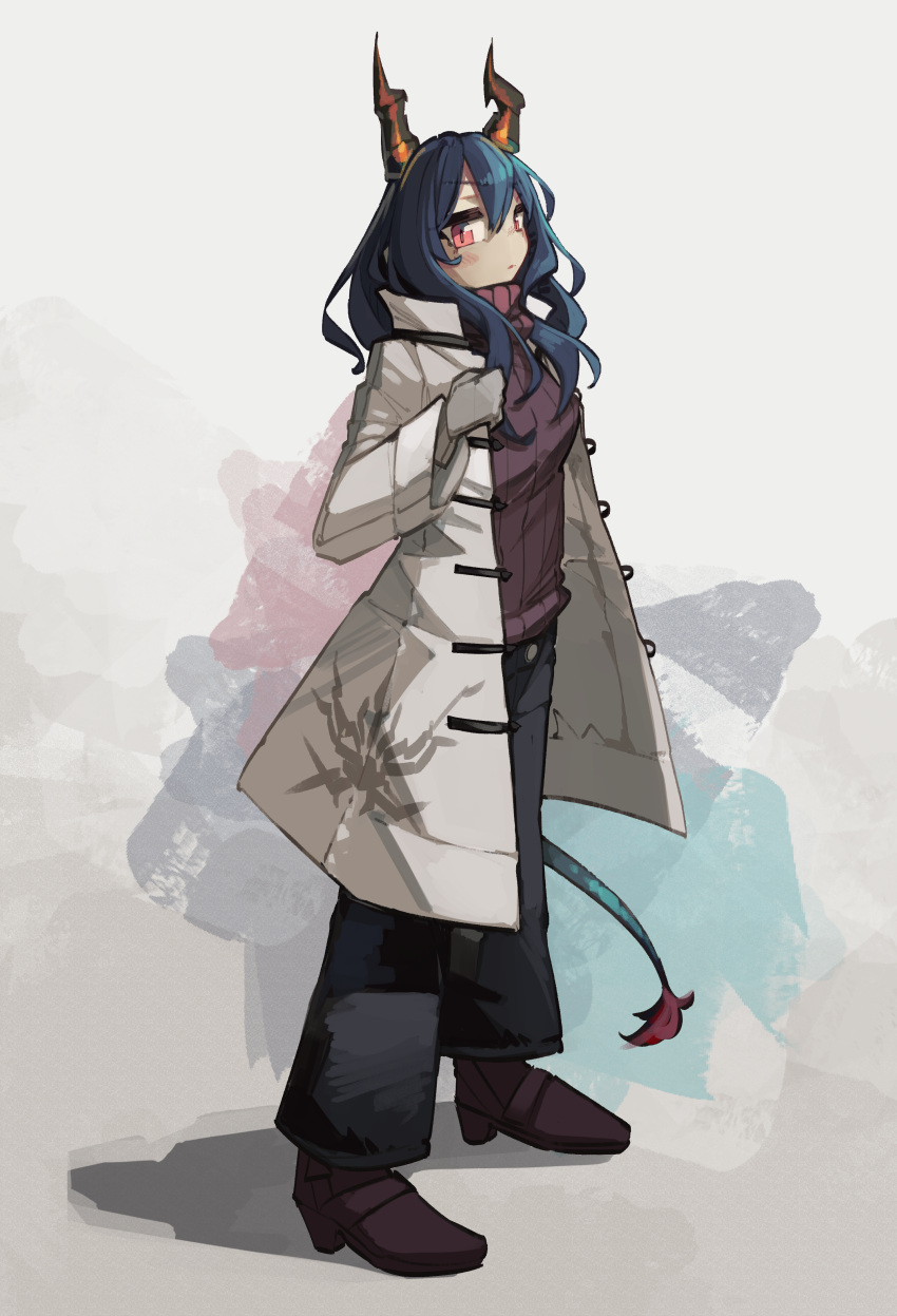 1girl absurdres arknights bangs black_pants blue_hair blush_stickers brown_footwear ch'en_(arknights) coat commentary english_commentary full_body gloves grey_background grey_gloves hair_between_eyes hand_up highres horns long_hair open_clothes open_coat pants purple_sweater red_eyes ribbed_sweater shoes simple_background solo sweater tail togekk0 turtleneck turtleneck_sweater white_coat