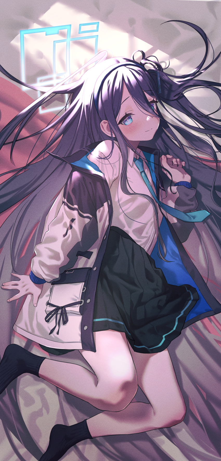 1girl absurdly_long_hair absurdres ankle_socks aris_(blue_archive) bed_sheet black_hair blue_archive blue_eyes blue_necktie blush dress_shirt full_body hair_between_eyes hairband halo highres jacket light_smile long_hair looking_at_viewer lying msaeng_(00grimza) necktie on_side open_clothes open_jacket pleated_skirt shirt skirt socks solo very_long_hair window_shade