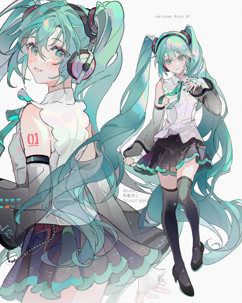 1girl :d aqua_eyes aqua_hair black_skirt black_thighhighs detached_sleeves hair_between_eyes hatsune_miku headphones high_heels highres jewelry long_hair looking_at_viewer lunar_(lunar_815) multiple_girls necklace number_tattoo open_mouth pleated_skirt shirt simple_background skirt smile tattoo thigh-highs twintails very_long_hair vocaloid white_background white_shirt