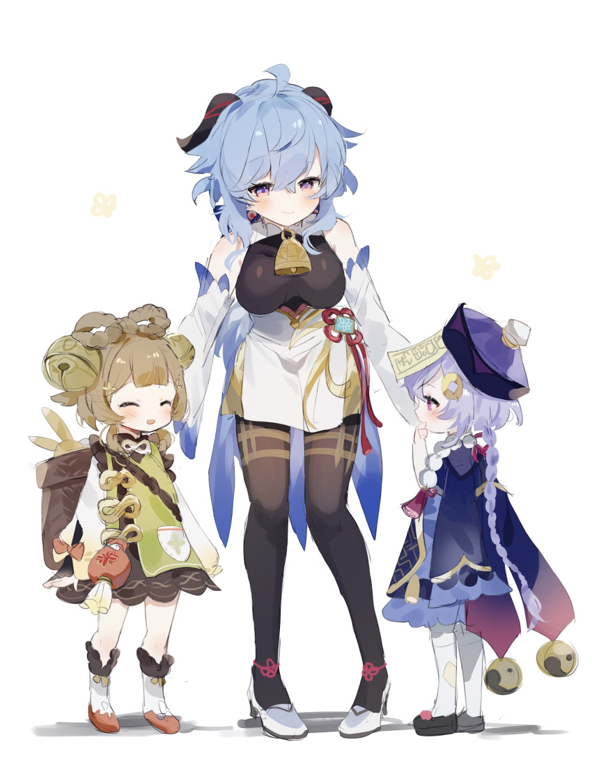 3girls absurdres ahoge bangs bare_shoulders bell black_pantyhose blue_hair blush bow-shaped_hair braid breasts brown_hair chinese_knot closed_eyes coin_hair_ornament detached_sleeves flower_knot full_body ganyu_(genshin_impact) genshin_impact gold_trim hair_bell hair_ornament hat high_heels highres horns leaning_forward long_hair looking_at_another looking_to_the_side medium_breasts multiple_girls neck_bell open_mouth pantyhose pink_hair purple_hair qing_guanmao qiqi_(genshin_impact) shorts sidelocks smile socks sorani_(kaeru0768) standing talisman thighlet violet_eyes vision_(genshin_impact) waist_cape white_background white_sleeves white_socks yaoyao_(genshin_impact)