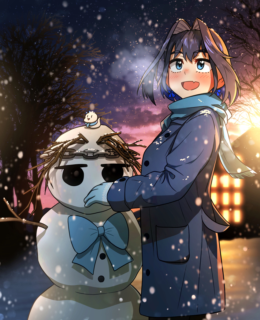 1girl :d absurdres black_hair blue_coat blue_eyes blush boros_(ouro_kronii) bow bow_earrings coat ddolbang earrings hair_between_eyes hair_intakes highres hololive hololive_english jewelry looking_up open_mouth ouro_kronii scarf short_hair smile snow snowing snowman solo virtual_youtuber