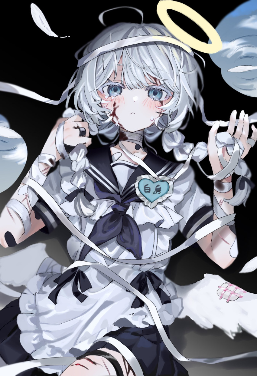 1girl :&lt; ahoge apron bandaged_neck bandages black_sailor_collar blood blue_eyes blue_neckerchief blush braid colored_eyelashes commentary gauze halo highres long_hair looking_at_viewer low_wings name_tag neckerchief original sailor_collar scar shirt solo tears twin_braids wabun white_apron white_hair white_shirt white_wings wings