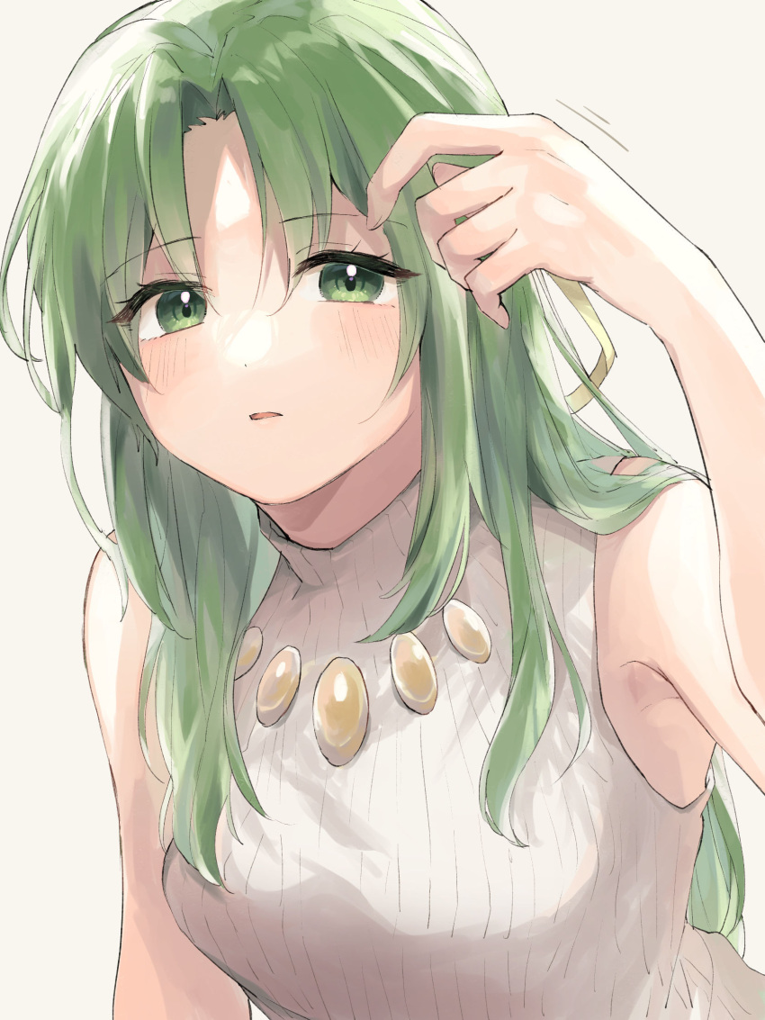 1girl bangs breasts green_eyes green_hair highres higurashi_no_naku_koro_ni holding holding_hair light_blush long_hair looking_at_viewer medium_breasts morisata ribbed_sweater simple_background sleeveless sleeveless_sweater sleeveless_turtleneck solo sonozaki_shion sweater turtleneck turtleneck_sweater upper_body white_background white_sweater