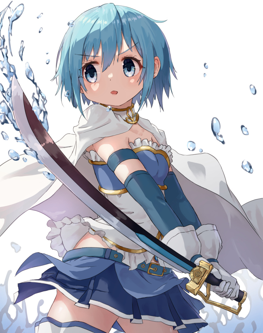 1girl blue_eyes blue_hair blue_skirt cape commentary_request elbow_gloves frills gloves highres holding holding_sword holding_weapon looking_afar magical_girl mahou_shoujo_madoka_magica miki_sayaka open_mouth puella_anko simple_background skirt solo sword thigh-highs water_drop weapon white_background white_cape white_gloves white_thighhighs zettai_ryouiki