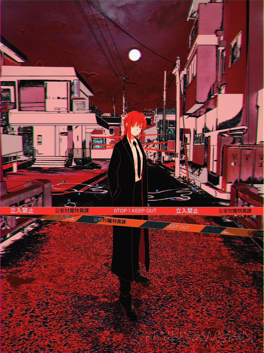 1girl bangs black_coat black_necktie black_pants braid braided_ponytail caution_tape chainsaw_man coat collared_shirt highres looking_at_viewer makima_(chainsaw_man) medium_hair moon necktie pants power_lines red_eyes red_sky red_theme redhead road sensui_n2 shirt shirt_tucked_in sky solo street white_shirt wide_shot