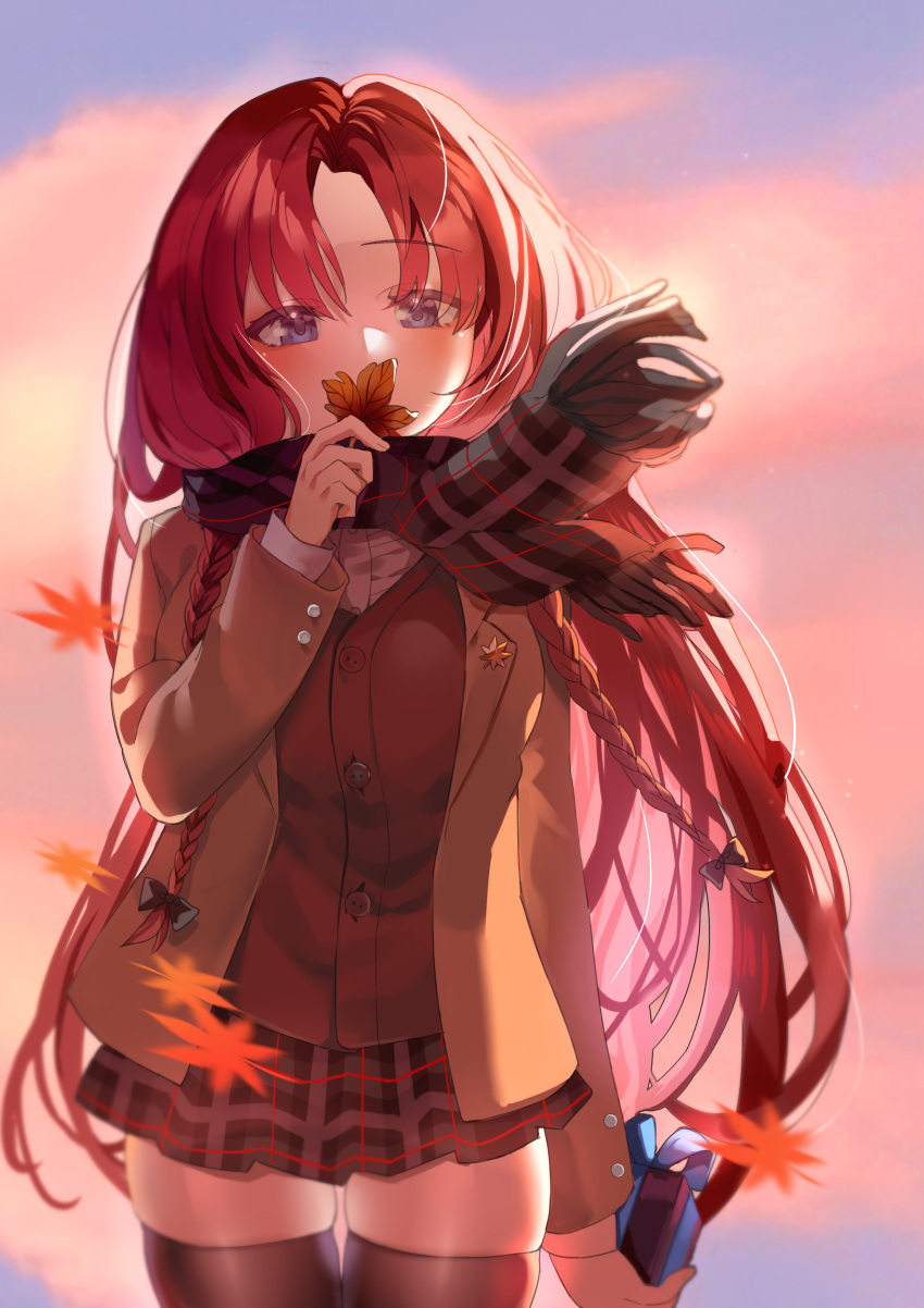 1girl absurdres black_scarf black_skirt black_thighhighs blue_eyes blush box brown_coat buttons coat cowboy_shot fringe_trim gift gift_box highres holding holding_gift holding_leaf hong_meiling kanta_(pixiv9296614) leaf long_hair long_sleeves maple_leaf mixed-language_commentary open_clothes open_coat plaid plaid_skirt pleated_skirt redhead scarf skirt solo thigh-highs touhou