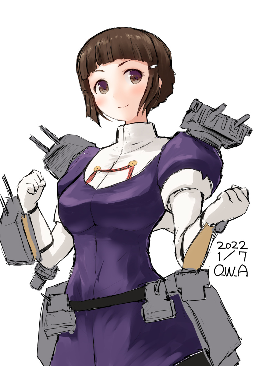 1girl adapted_turret artist_name black_skirt braid braided_bun breasts brown_eyes brown_hair cowboy_shot dated elbow_gloves gloves hair_bun highres jacket kantai_collection long_hair machinery medium_breasts military military_uniform myoukou_(kancolle) one-hour_drawing_challenge owa_(ishtail) purple_jacket sailor_collar simple_background single_hair_bun skirt smile uniform white_background white_gloves