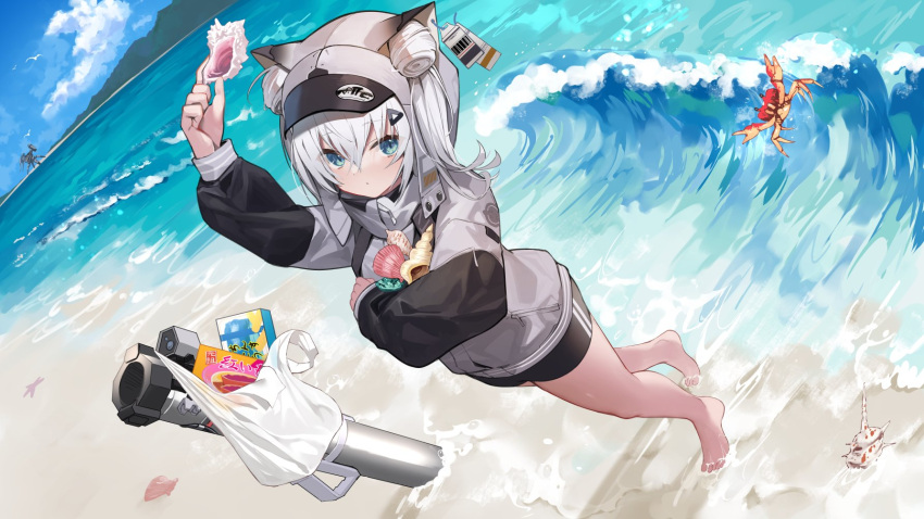 1girl animal_ears artist_request bag barefoot bird blue_eyes blue_sky cat_ears closed_mouth crab double_bun full_body goddess_of_victory:_nikke grey_hair grey_hoodie hair_bun highres hood hoodie loli mountain n102_(nikke) official_art plastic_bag price_tag robot rocket_launcher sand sky solo third-party_source twintails waves weapon