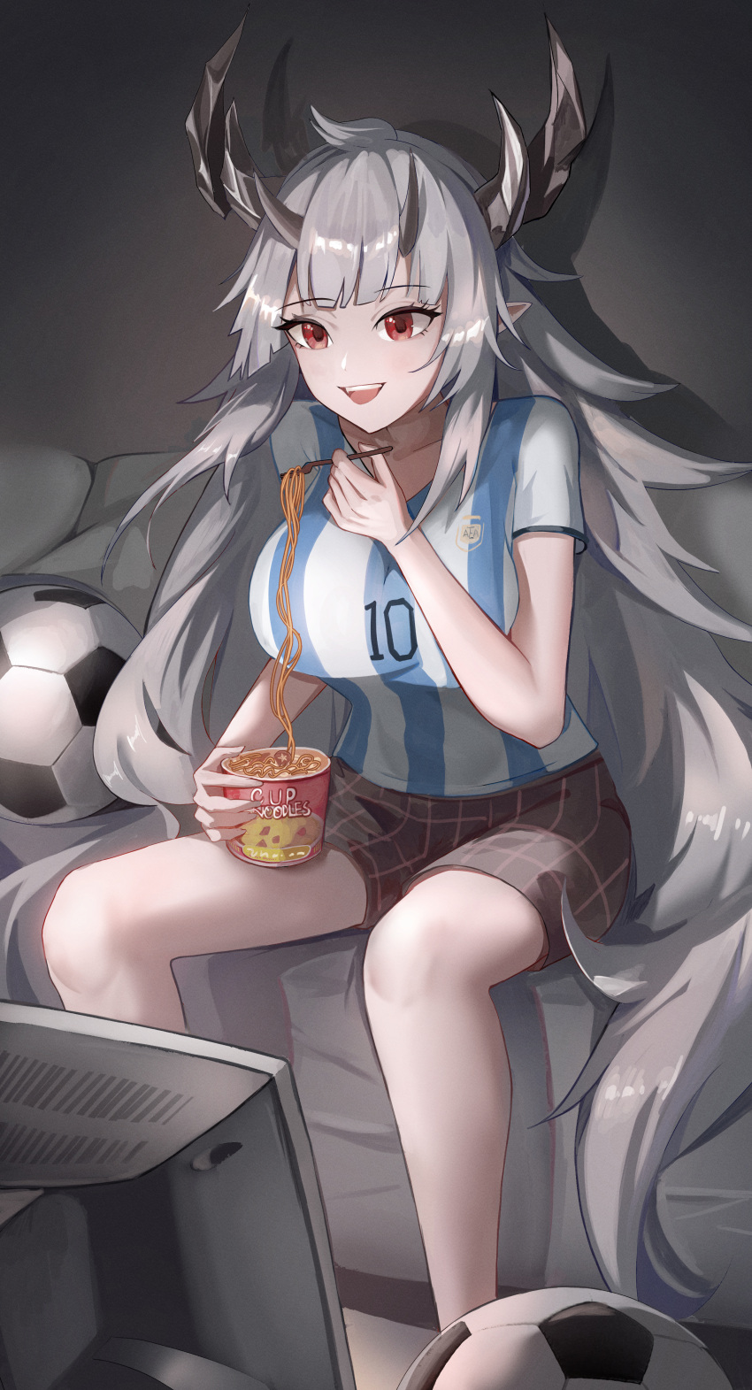 1girl absurdres ahoge arknights ball bare_legs breast_squeeze breasts couch crt fangs food grey_hair highres horns indoors large_breasts long_hair matoimaru_(arknights) multiple_horns on_couch open_mouth pointy_ears red_eyes shirt short_sleeves shorts sitting smile soccer_ball soccer_uniform solo sportswear striped striped_shirt television very_long_hair watching_television wuzhihuijia