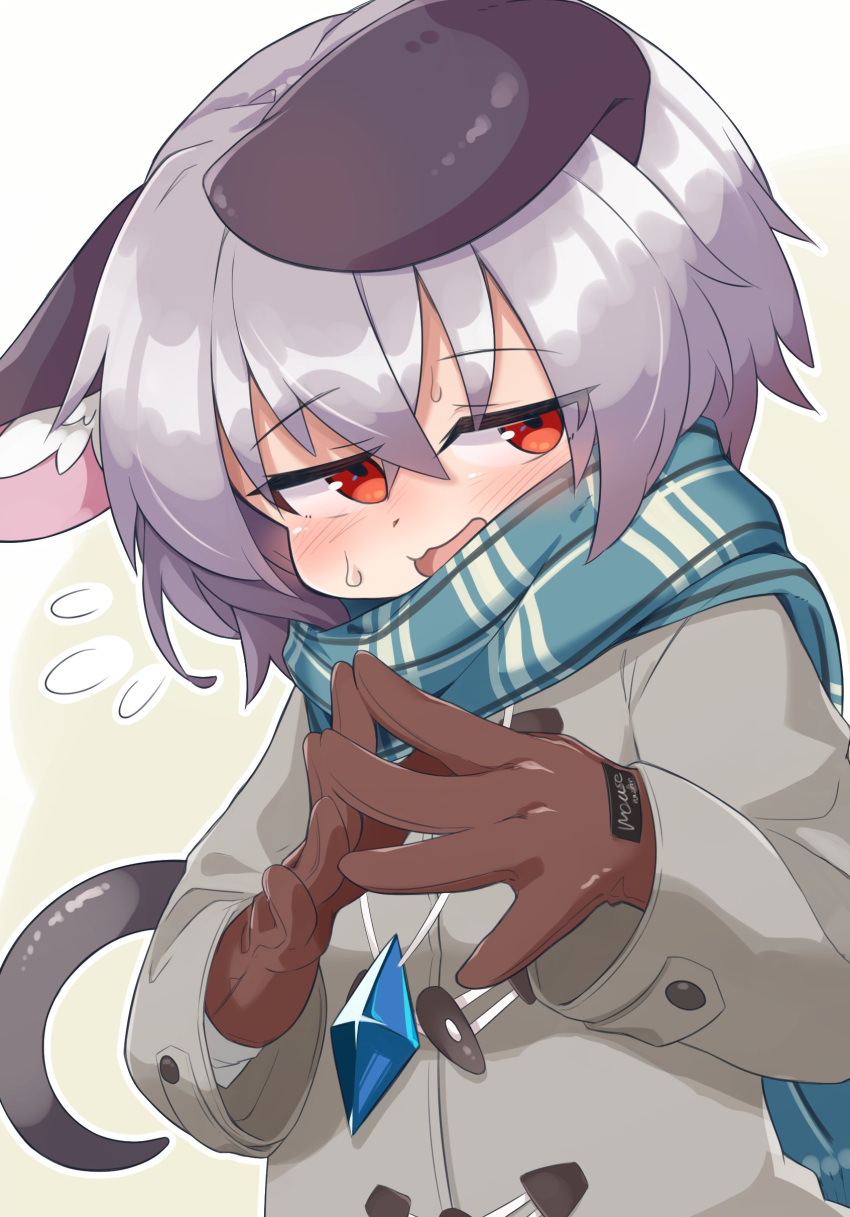 1girl absurdres alternate_costume animal_ears blue_scarf blush brown_gloves coat crystal flying_sweatdrops gloves grey_coat grey_hair highres jewelry long_sleeves looking_at_viewer mouse_ears mouse_girl mouse_tail nazrin open_mouth own_hands_together pendant red_eyes scarf short_hair simple_background solo sweatdrop tail touhou upper_body white_background yayuyoyayuyo