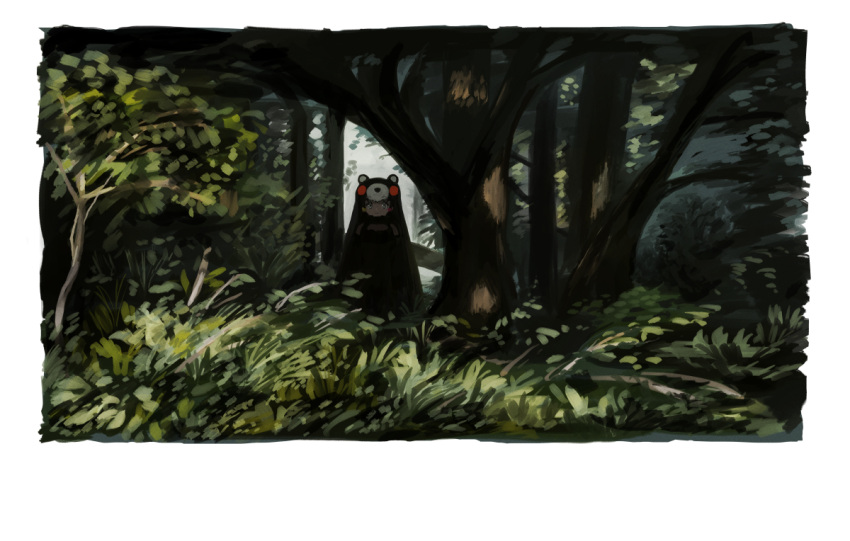 1girl animal_ears arms_at_sides bangs bear_ears bear_girl black_hair border chibi_kumamon_(kemono_friends) closed_mouth day dress forest hatch_(hatch_box) kemono_friends kemono_friends_3 long_hair looking_at_viewer multicolored_hair nature outdoors redhead solo standing tree very_long_hair white_border