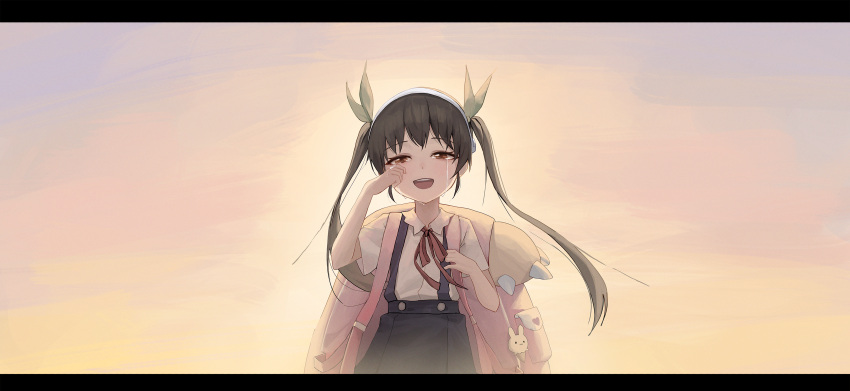 1girl absurdres backpack bag bakemonogatari bangs black_hair blue_skirt collared_shirt commentary cowboy_shot crying crying_with_eyes_open gnns green_ribbon hachikuji_mayoi hair_ribbon hairband hand_on_own_face hand_up highres letterboxed long_hair looking_at_viewer monogatari_(series) neck_ribbon open_mouth red_eyes red_ribbon ribbon shirt short_sleeves skirt smile solo streaming_tears suspender_skirt suspenders tears twintails white_hairband white_shirt