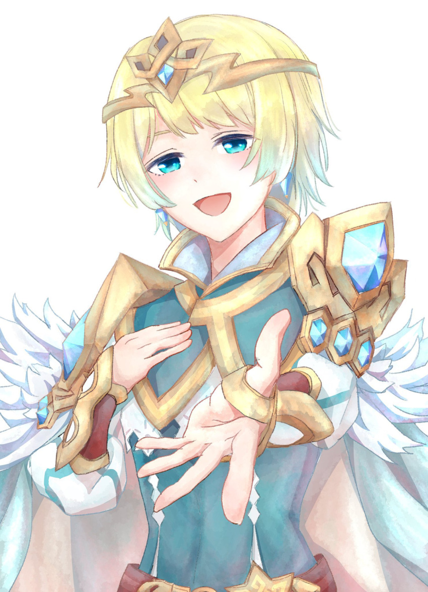 1girl bangs blonde_hair blue_eyes earrings feather_trim fire_emblem fire_emblem_heroes fjorm_(fire_emblem) hand_on_own_chest highres jewelry looking_at_viewer open_hand open_mouth reaching_towards_viewer short_hair smile solo sturm_fe_k11 tiara