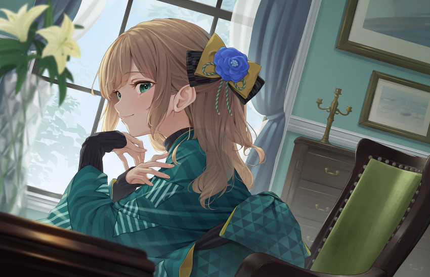 1girl arm_warmers blonde_hair blue_flower blue_rose bow candelabra chair closed_mouth commentary curtains drawer dutch_angle flower green_eyes green_kimono hair_bow highres indoors japanese_clothes kanpa_(campagne_9) kimono long_hair long_sleeves looking_at_viewer original picture_(object) rose sideways_glance smile solo symbol-only_commentary upper_body vase window