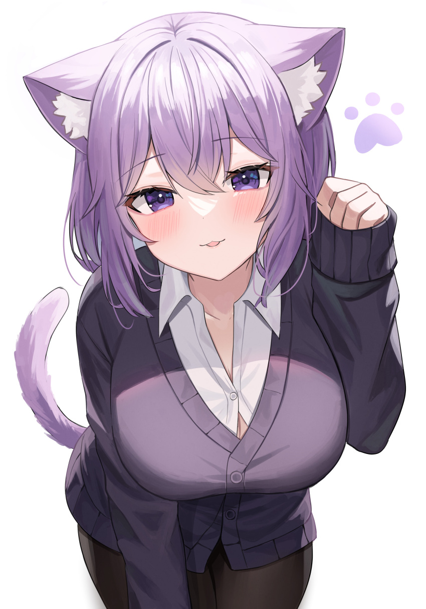 1girl absurdres animal_ears bangs black_pantyhose breasts brown_pants button_gap cat_ears cat_girl cat_tail highres hololive large_breasts looking_at_viewer nannung nekomata_okayu open_mouth pants pantyhose purple_hair purple_vest rice_porridge shirt short_hair sidelocks simple_background smile solo standing tail uniform vest violet_eyes virtual_youtuber white_background white_shirt