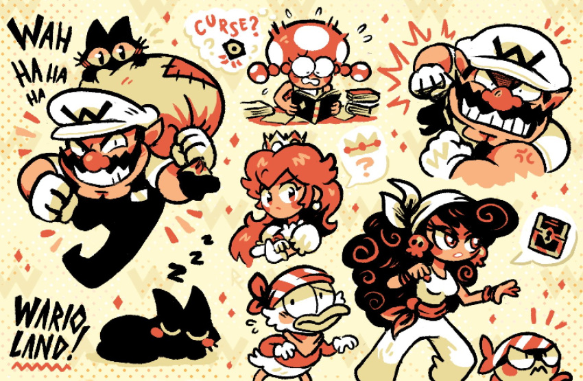 bandana black_cat black_overalls captain_syrup cat crown dangerous_duck earrings facial_hair grin holding holding_sack jewelry limited_palette mustache oniri_boy overalls pirate_goom pixel_art pointy_ears princess_peach princess_shokora sack shirt skull_earrings smile super_mario_bros. toadette treasure_chest wario wario_land white_headwear white_shirt