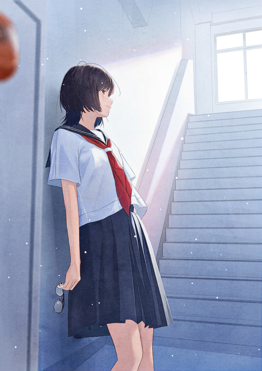 1girl bangs black_eyes black_hair black_skirt blue_sailor_collar breasts closed_mouth commentary_request day feet_out_of_frame highres holding holding_eyewear indoors looking_to_the_side nakamura_yukihiro neckerchief original photoshop_(medium) pleated_skirt red_neckerchief sailor_collar school_uniform serafuku shirt skirt small_breasts solo stairs standing tears uniform white_shirt window