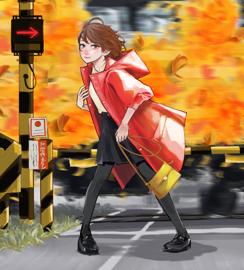 1girl absurdres autumn autumn_leaves bag black_footwear black_pantyhose black_skirt blurry blurry_background blush brown_hair coat grass ground_vehicle handbag highres hood hood_down hooded_coat ila_(nnnnnnnn8) looking_at_viewer medium_hair original pantyhose railroad_crossing red_coat road_sign sign skirt solo standing train