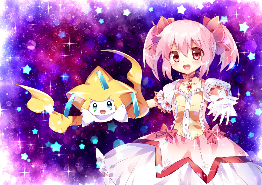 1girl :d bow choker gloves highres jirachi kaname_madoka looking_at_viewer magical_girl mahou_shoujo_madoka_magica open_mouth ougi_maimai pink_bow pink_choker pink_eyes pink_hair pokemon pokemon_(creature) purple_background short_hair short_sleeves smile star_(symbol) two_side_up white_gloves