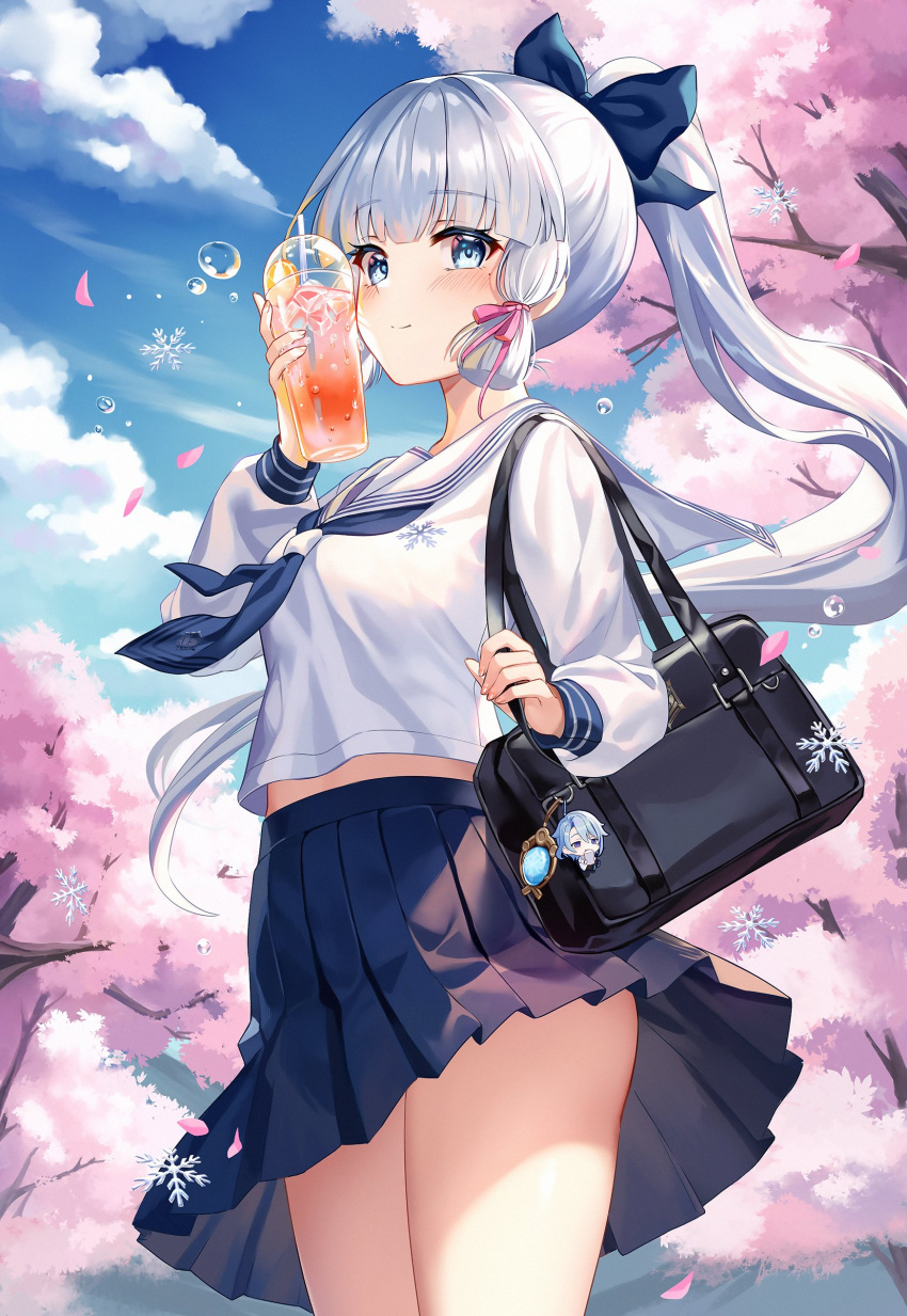 1girl absurdres alternate_costume bag black_sailor_collar black_skirt blue_eyes blue_sky bubble cherry_blossoms closed_mouth clouds cup genshin_impact highres holding holding_cup ice_cube iced_tea kamisato_ayaka kamisato_ayato lalazyt long_hair long_sleeves looking_at_viewer outdoors pleated_skirt ponytail sailor_collar school_uniform serafuku shoulder_bag skirt sky smile snowflakes solo standing white_hair white_serafuku
