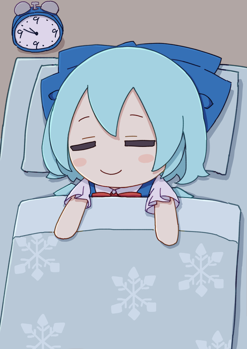 1girl absurdres alarm_clock bed_sheet blue_bow blue_dress blue_hair blush_stickers bow cirno clock closed_eyes closed_mouth dress fairy fumo_(doll) hair_between_eyes hair_bow highres ice ice_wings kame_(kamepan44231) pillow shirt short_hair short_sleeves sleeping smile snowflake_print solo touhou white_shirt wings