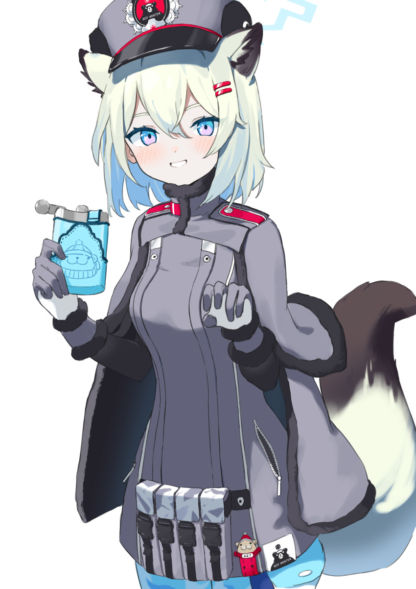 1girl absurdres animal_ears blue_archive blush cape cowboy_shot fur-trimmed_cape fur-trimmed_gloves fur_trim gloves green_hair grey_cape grey_gloves grey_headwear grin hair_ornament hairclip halo haruumi301 highres hip_flask holding long_sleeves looking_at_viewer pink_eyes pouch shigure_(blue_archive) short_hair simple_background smile solo tail two-tone_gloves white_background white_gloves