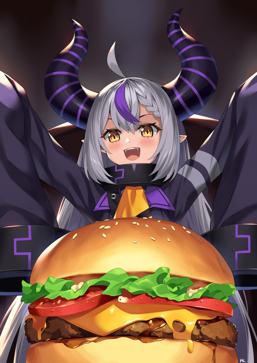 1girl absurdres ahoge braid burger cheese demon_horns fangs food grey_hair highres hololive horns la+_darknesss lettuce mk_(lazymk) multicolored_hair open_mouth orange_eyes pointy_ears purple_hair sleeves_past_wrists smile solo streaked_hair striped_horns tomato two-tone_hair upper_body virtual_youtuber wide_sleeves