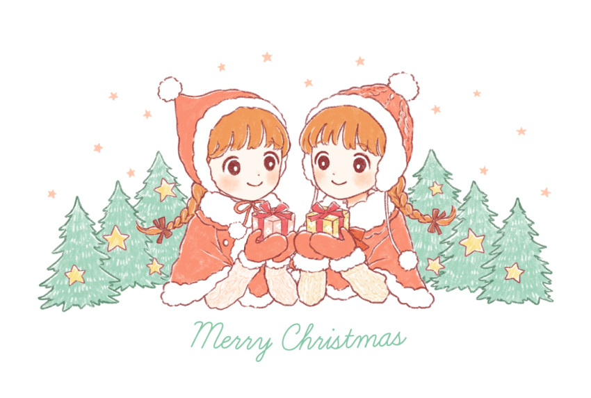 2girls bangs box braid christmas christmas_tree coat cropped_torso english_text fur-trimmed_coat fur-trimmed_headwear fur-trimmed_jacket fur-trimmed_mittens fur_trim gift gift_box hair_ribbon hat holding holding_gift jacket matching_hairstyle matching_outfit merry_christmas multiple_girls orange_hair original red_coat red_headwear red_jacket red_mittens red_ribbon ribbon santa_costume santa_hat siblings simple_background star_(symbol) tokoyu twins upper_body white_background winter