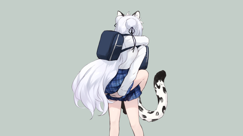 2girls animal_ear_fluff animal_ears blue_skirt breasts cait_aron carrying character_request double_bun facing_away grey_background grey_hair hair_bun highres indie_virtual_youtuber kusubashi_shiya leopard_ears leopard_girl leopard_tail long_hair long_sleeves medium_breasts multiple_girls piggyback plaid plaid_skirt pleated_skirt school_swimsuit school_uniform shirt simple_background skirt swimsuit tail very_long_hair virtual_youtuber white_shirt