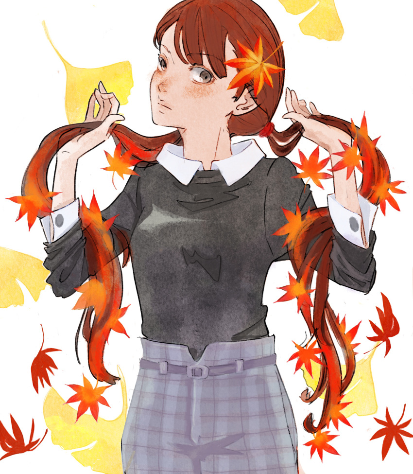 1girl autumn_leaves black_shirt brown_eyes brown_hair cowboy_shot freckles ginkgo_leaf grey_pants highres ila_(nnnnnnnn8) leaf long_sleeves looking_at_viewer low_twintails pants shirt simple_background solo standing twintails
