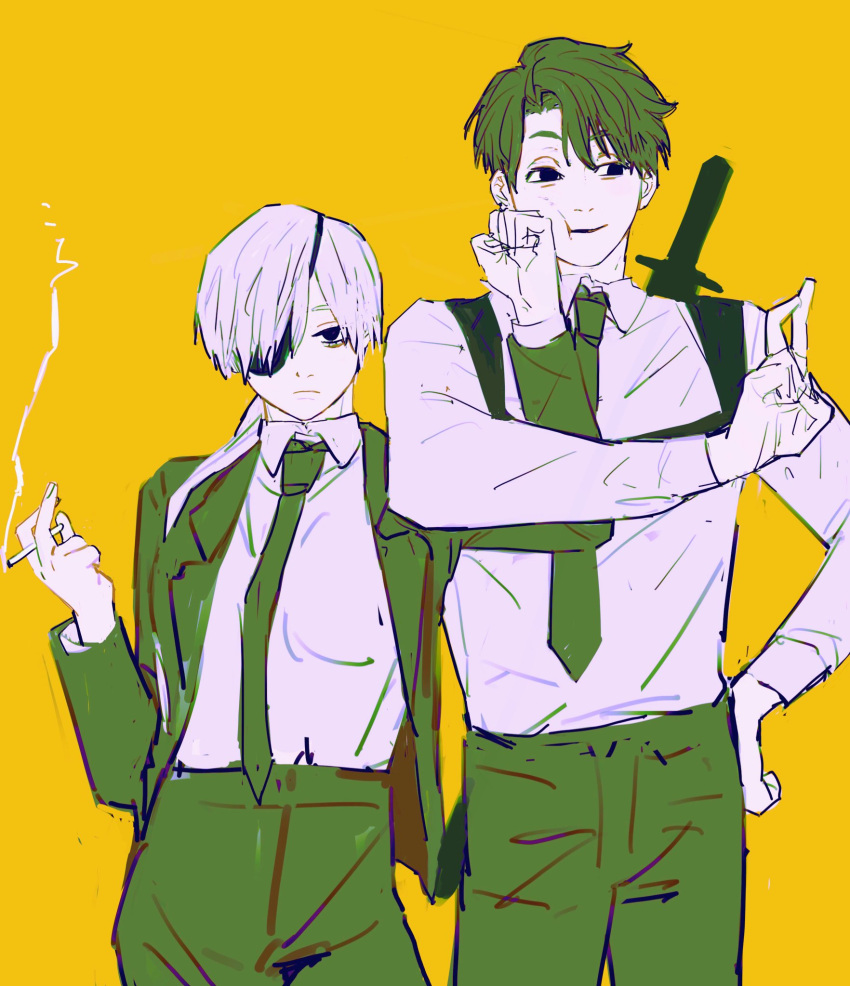 1boy 1girl bangs black_hair black_jacket black_necktie black_pants chainsaw_man chest_belt cigarette clenched_hand collared_shirt curtained_hair eyepatch formal frown hand_on_another's_head hand_on_hip height_difference highres holding holding_cigarette jacket katana kishibe_(chainsaw_man) kishibe_(young)_(chainsaw_man) long_hair looking_at_viewer looking_to_the_side necktie pants pecopecosupipi ponytail quanxi_(chainsaw_man) shirt shirt_tucked_in short_hair simple_background smile smoke suit swept_bangs sword v weapon weapon_on_back white_hair white_shirt yellow_background