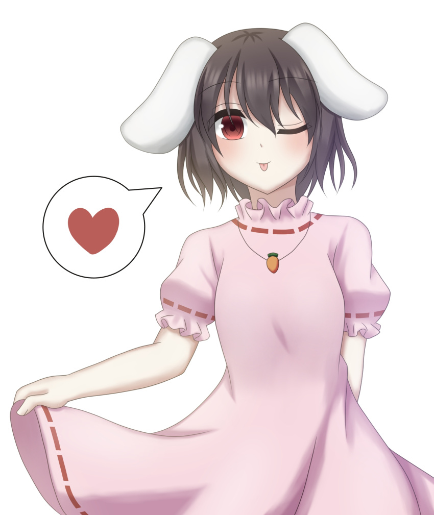 1girl animal_ears black_hair carrot_necklace dress floppy_ears heart highres inaba_tewi jewelry looking_at_viewer nanamiko74 necklace one_eye_closed pink_dress rabbit_ears rabbit_girl red_eyes short_hair short_sleeves simple_background solo spoken_heart tongue tongue_out touhou upper_body white_background
