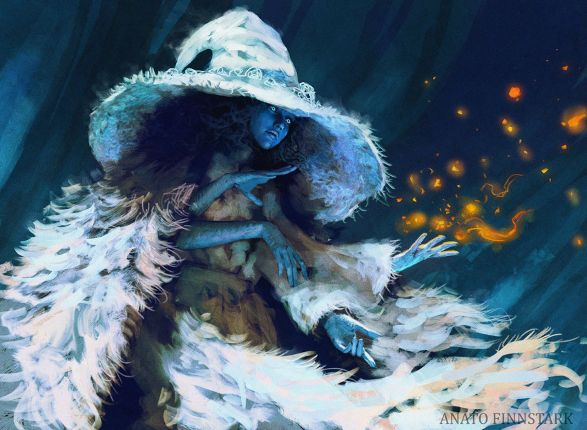 1girl anato_finnstark artist_name blue_eyes blue_hair blue_skin cloak closed_mouth colored_skin commentary dress elden_ring english_commentary extra_arms fire fur-trimmed_cloak fur_trim hat large_hat long_hair looking_away magic procreate_(medium) ranni_the_witch solo white_cloak white_dress white_headwear witch witch_hat