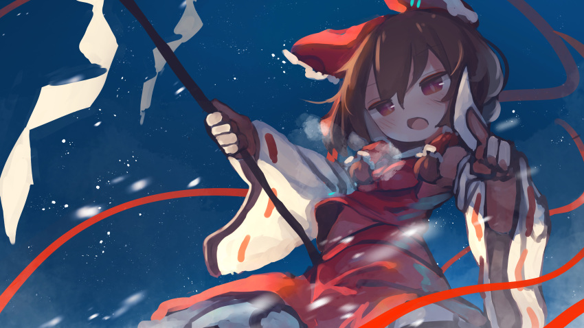 1girl absurdres bare_shoulders blush bow brown_eyes brown_hair chii_(tsumami_tsumamare) commentary detached_sleeves gohei hair_between_eyes hair_bow hair_tubes hakurei_reimu highres holding japanese_clothes long_hair nontraditional_miko open_mouth red_bow red_skirt ribbon-trimmed_sleeves ribbon_trim sidelocks skirt solo symbol-only_commentary touhou white_sleeves wide_sleeves