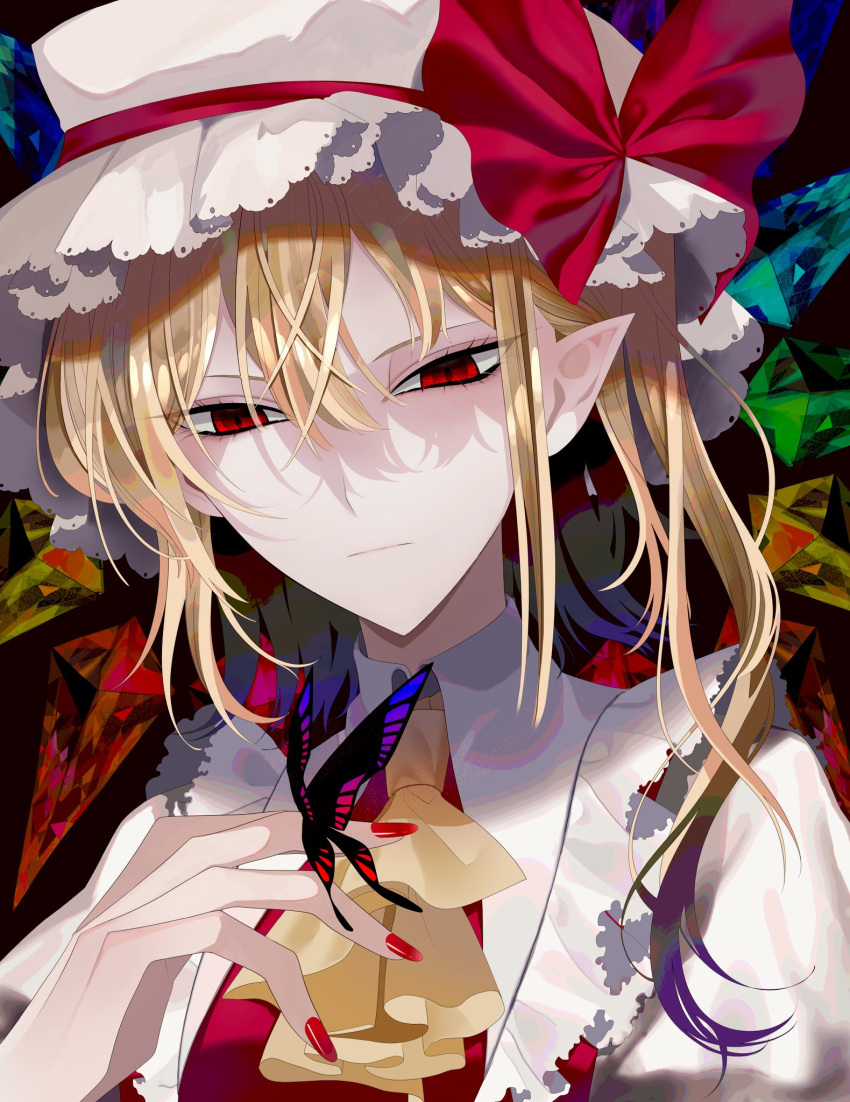 1girl ascot blonde_hair bow bug butterfly butterfly_on_hand closed_mouth crystal flandre_scarlet hair_between_eyes hat hat_bow highres mob_cap nubezon one_side_up pointy_ears rainbow_order red_bow red_eyes red_nails solo touhou upper_body white_headwear wings yellow_ascot